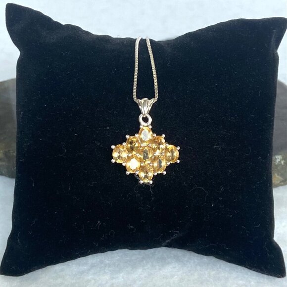 Sterling Silver 925 Prong Set Multi Gemstone Citrine Cluster Pendant Necklace - Picture 4 of 16